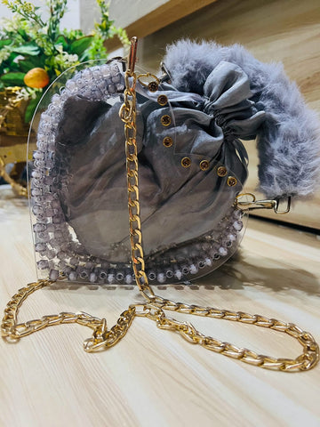 Luxury Heart-Shaped Acrylic Purse with Satin Pouch & Gold Chain
